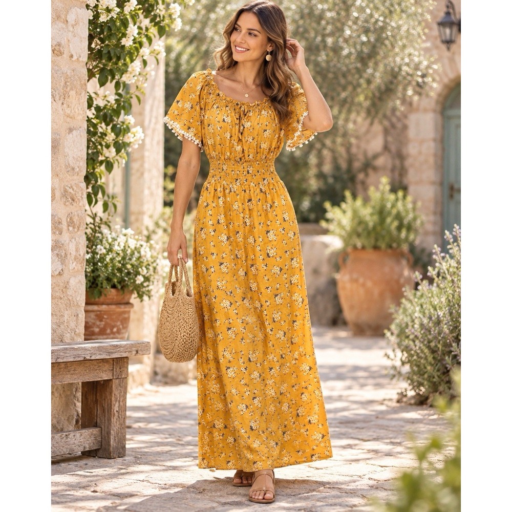Anthropologie Kindred L Mustard Floral Maxi Dress Smocked Waist Boho Peasant